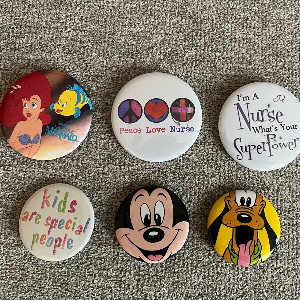 Set of 6 Pin Buttons for Lapel, Jacket, or Bag